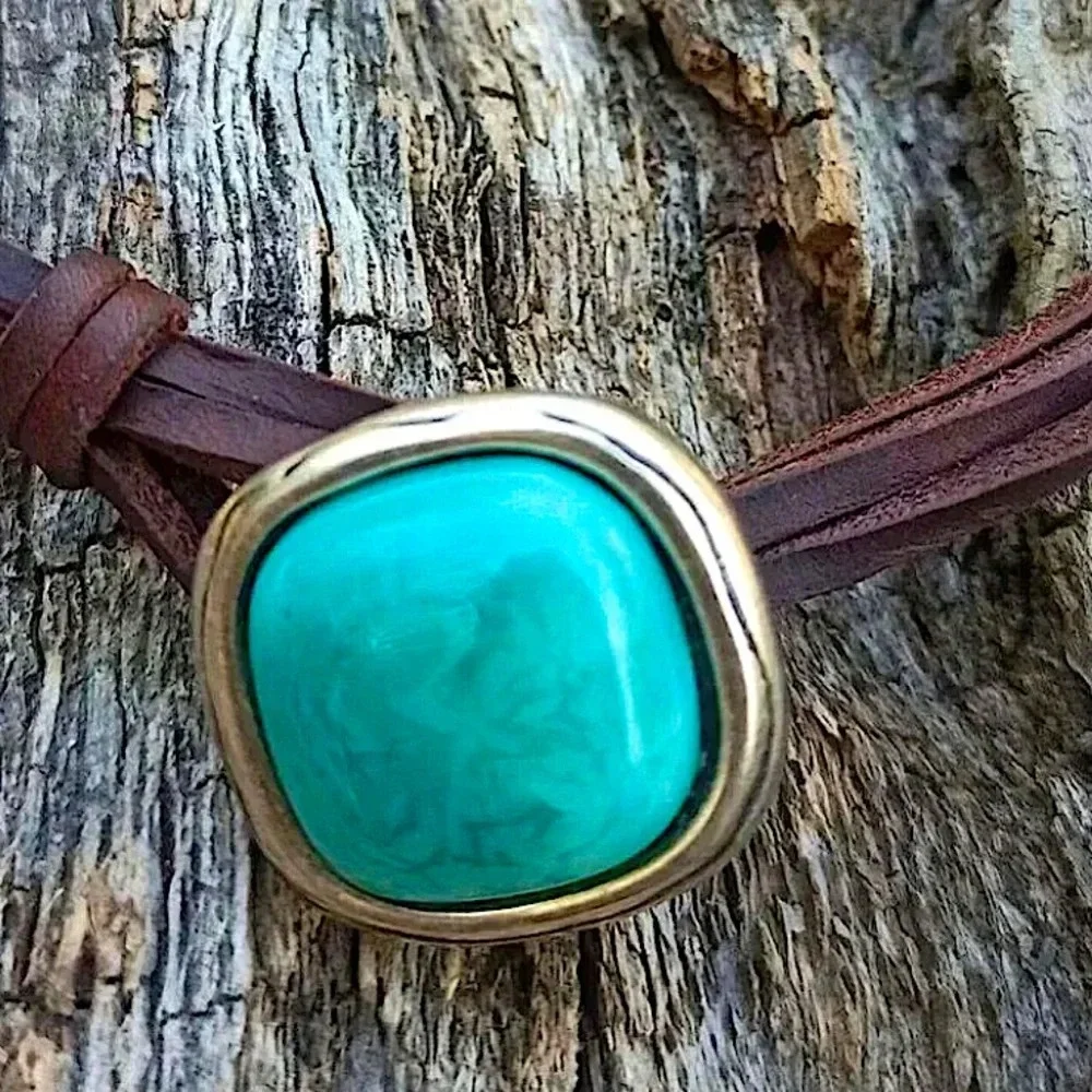 Boho Vintage Turquoise Pendant Choker, Bohemian, Vacation, Leather Cord, Sale